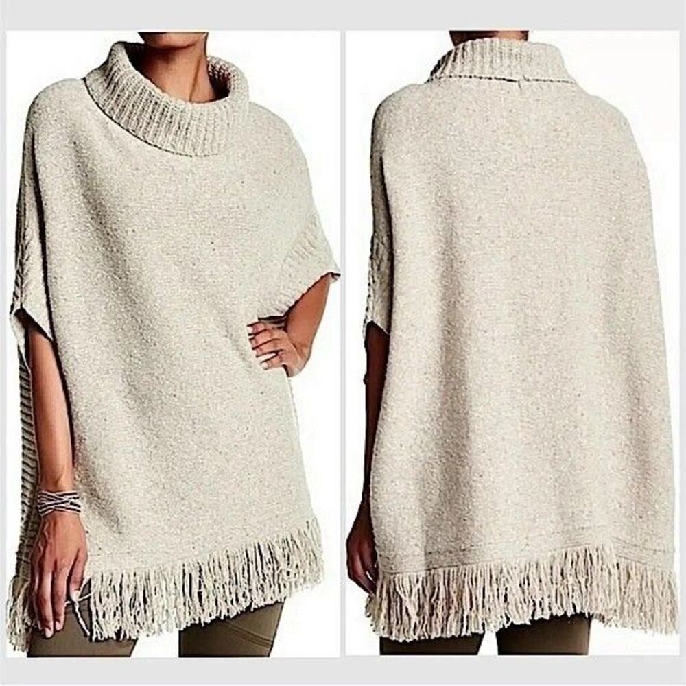 JOIE Women Wool Blend Hatice Fringed Donegal Turtleneck Poncho Sweater Beige M/L